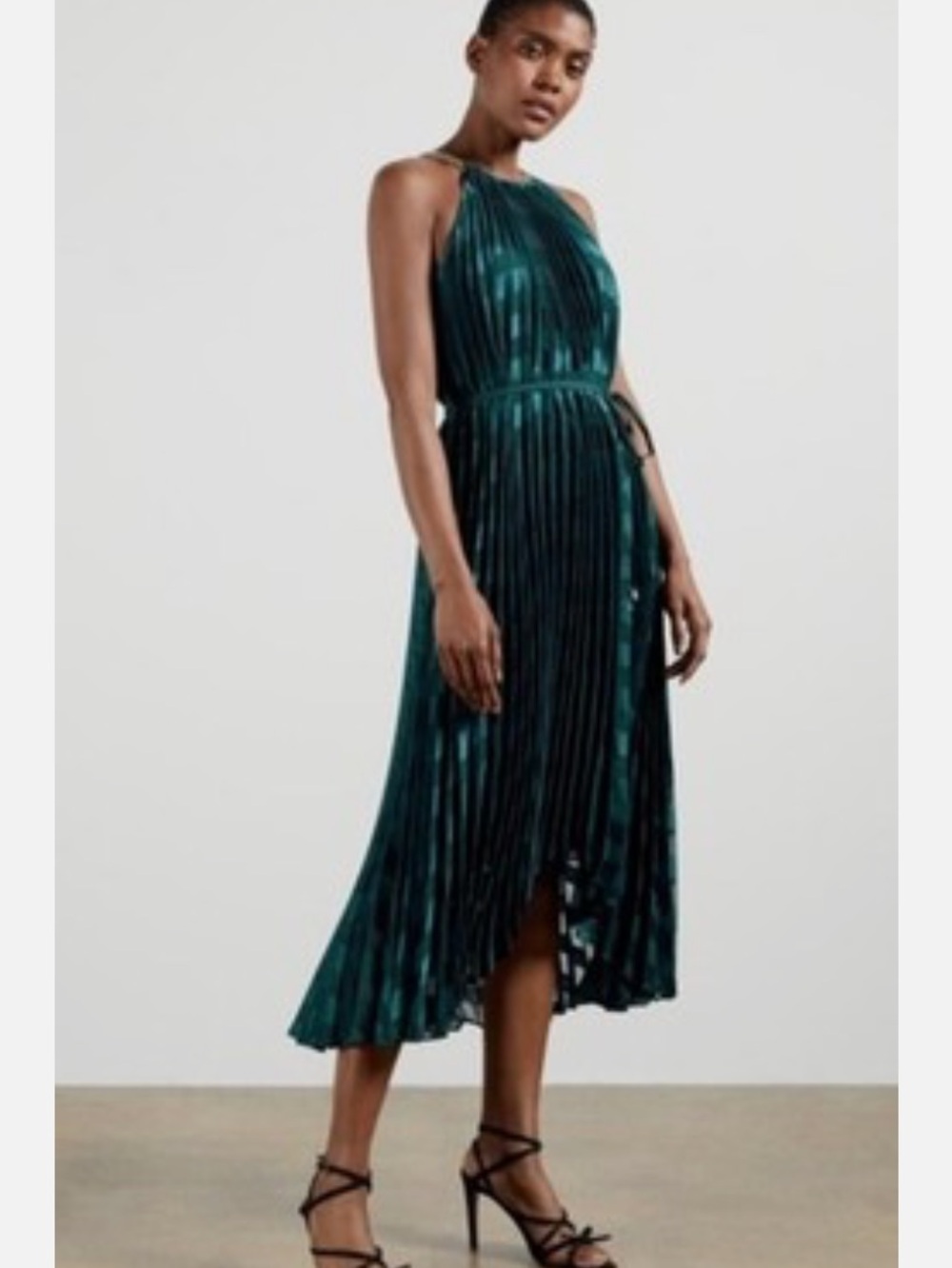 NWOT TED BAKER Sasski Pleated Asymmetrical Emerald Green Dress US 0-2 Midi